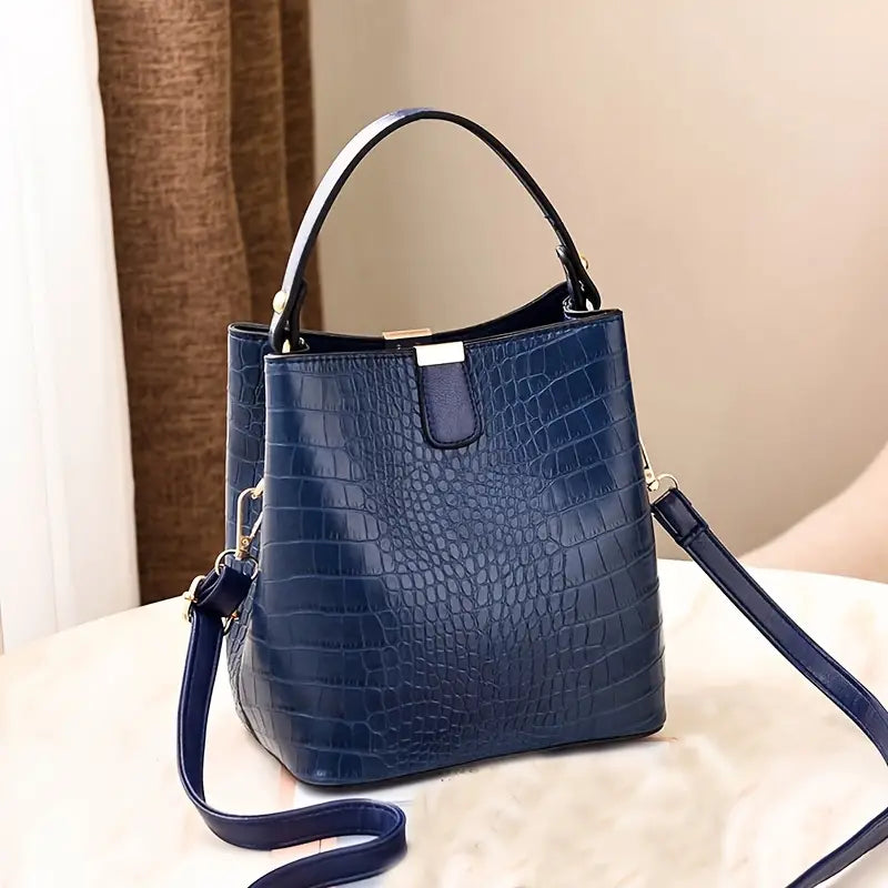 Sac seau à motif crocodile, en simili-cuir bleu