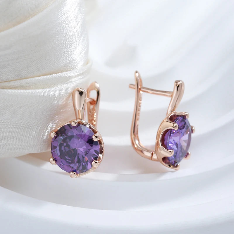 Boucles d'oreilles avec zircons ronds mauves, bijou en plaqué or rose