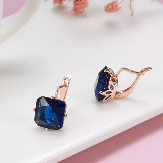 Boucles d'oreilles carrées avec zircons bleu foncé, bijou en plaqué or rose