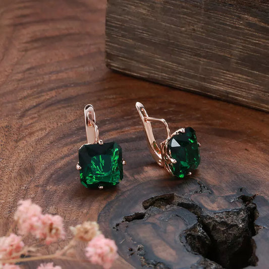 Boucles d'oreilles carrées avec zircons vert foncé, bijou en plaqué or rose