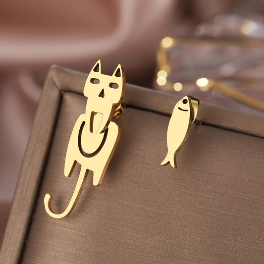 Boucles d'oreilles Chat et Poisson, bijou en acier inoxydable doré