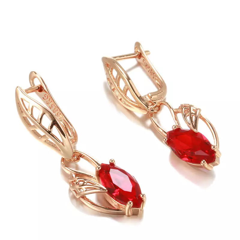 Boucles d'oreilles pendantes avec cristaux rouges, bijou en plaqué or rose