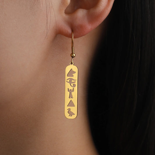 Boucles d'oreilles cartouche d'hiéroglyphes pyramide, bijou en acier inoxydable doré