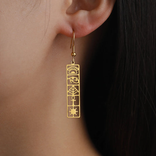 Boucles d'oreilles cartouche d'hiéroglyphes soleil, bijou en acier inoxydable doré