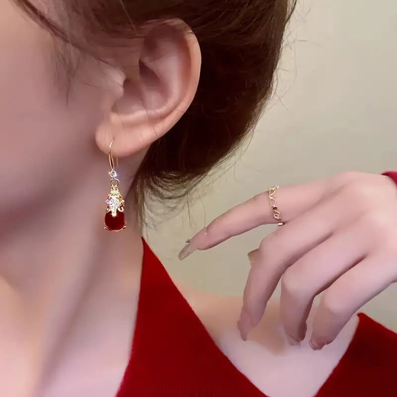 Boucles d'oreilles Eléphants avec pierre en agate rouge, bijou en acier inoxydable doré