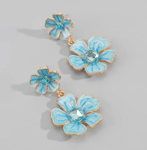 Boucles d'oreilles Fleurs bleues, bijou en acier inoxydable et en émail