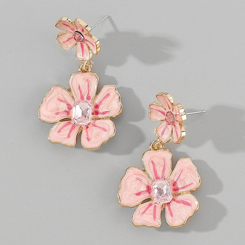 Boucles d'oreilles Fleurs roses, bijou en acier inoxydable et en émail