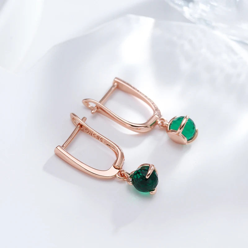 Boucles d'oreilles avec zircons ronds vert foncé, bijou en plaqué or rose