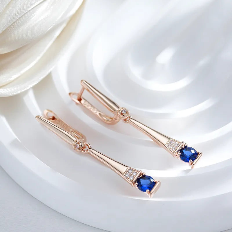 Boucles d'oreilles pendantes avec zircons bleus et zircons blancs, bijou en plaqué or rose