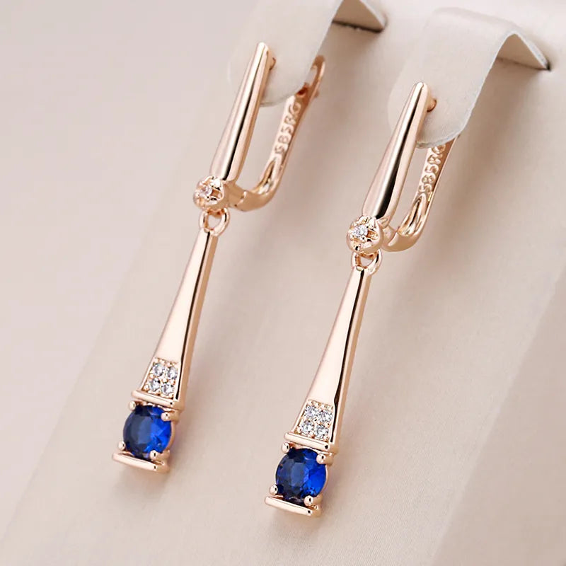 Boucles d'oreilles pendantes avec zircons bleus et zircons blancs, bijou en plaqué or rose