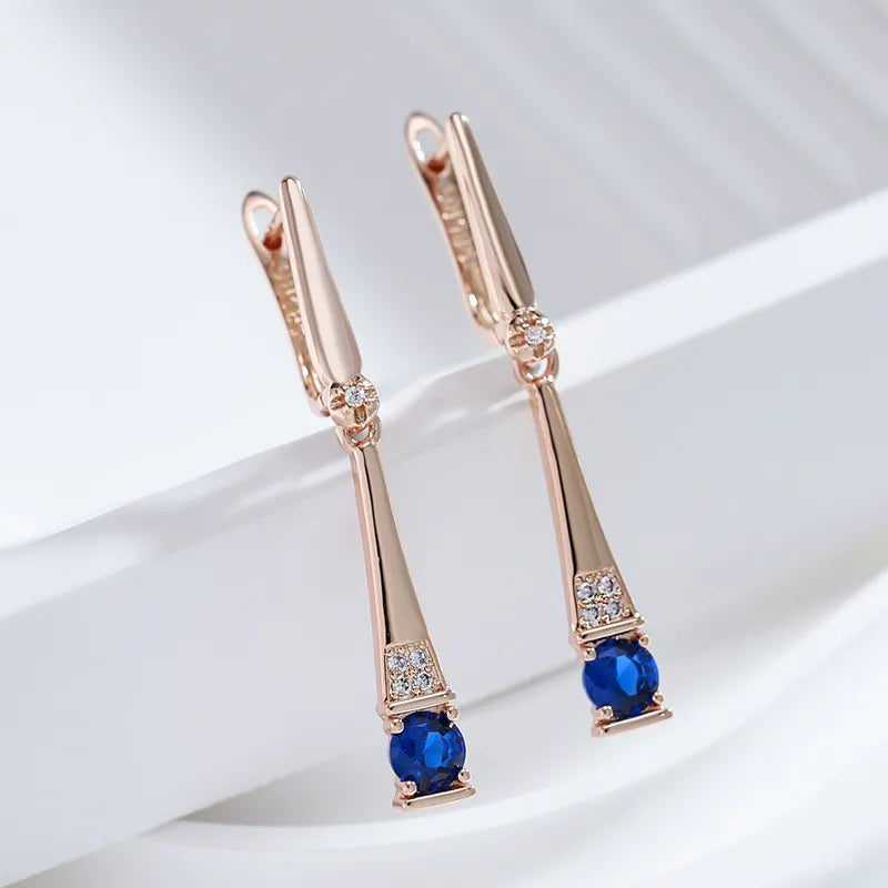 Boucles d'oreilles pendantes avec zircons bleus et zircons blancs, bijou en plaqué or rose