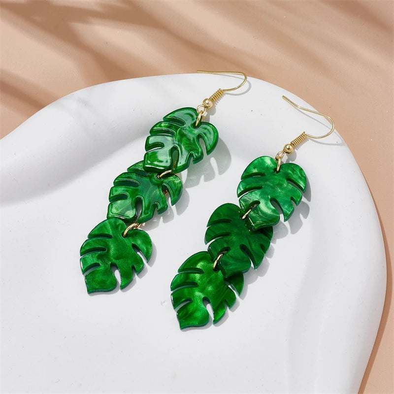 Boucles d'oreilles Feuilles tropicales, bijou en plaqué or et en acrylique