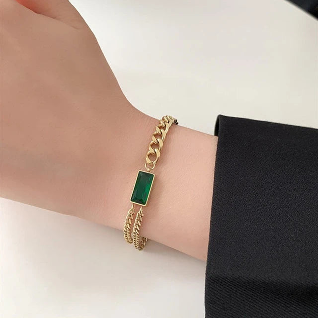 Bracelet avec cristal vert, bijou en acier inoxydable doré