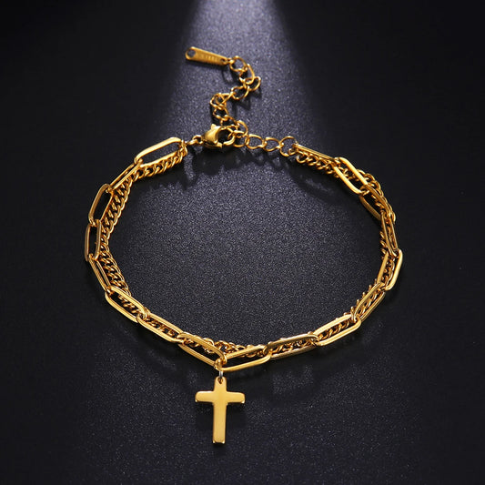 Duo de bracelets Croix de Jésus, bijou en acier inoxydable doré