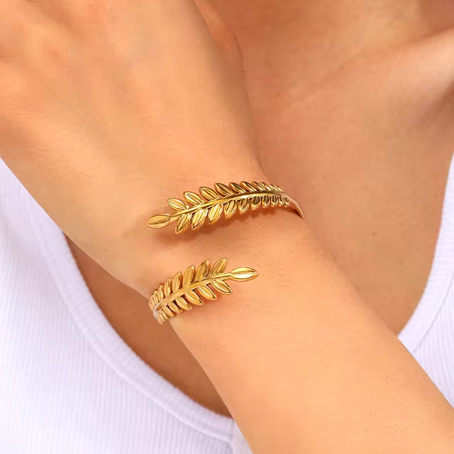 Bracelet Feuilles d'olivier, bijou en acier inoxydable doré