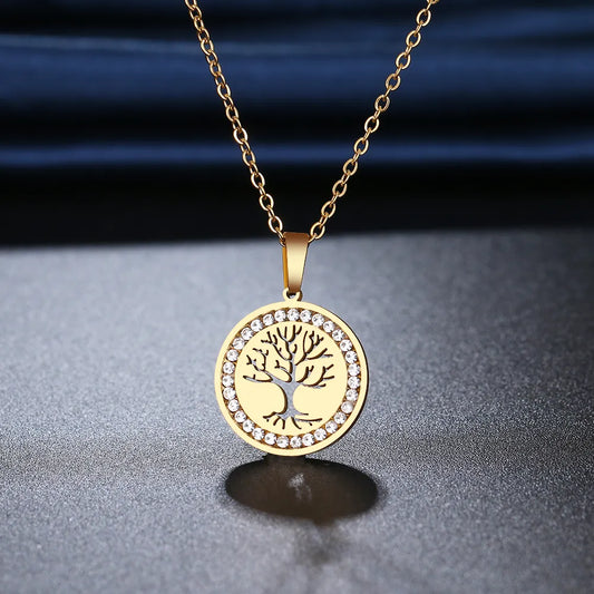 Collier arbre de vie avec zircons blancs, bijou en acier inoxydable