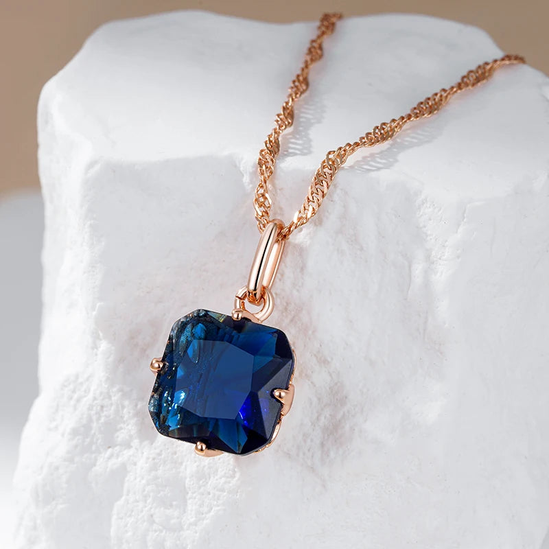 Collier avec zircon carré bleu saphir, bijou en plaqué or rose