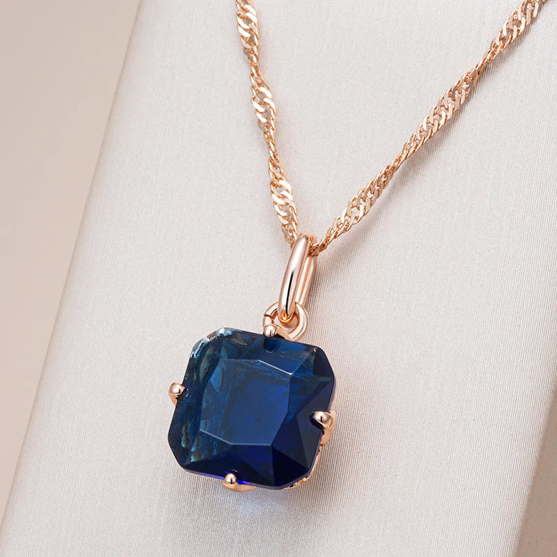 Collier avec zircon carré bleu saphir, bijou en plaqué or rose