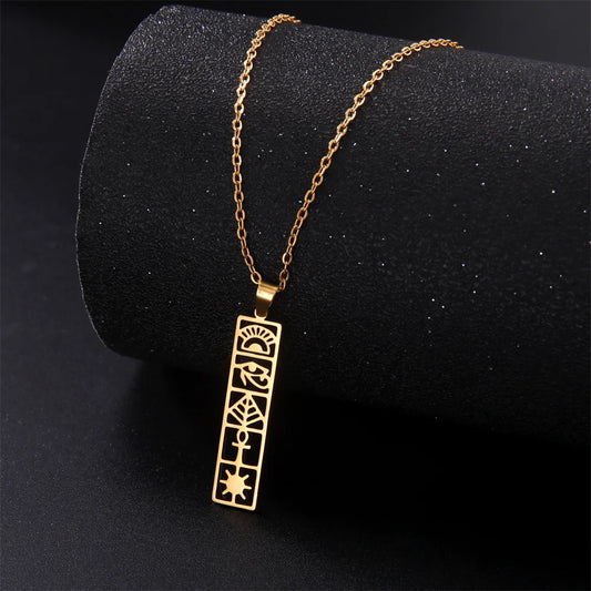 Collier avec cartouche d'hiéroglyphes Soleil, bijou en acier inoxydable doré