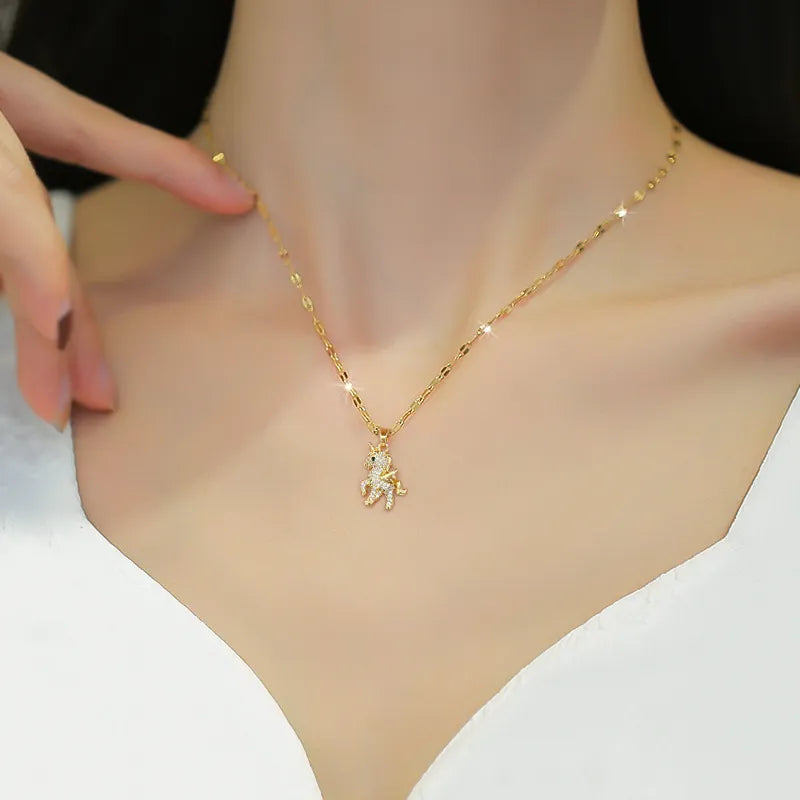 Collier Licorne avec Zircons, bijou en acier inoxydable doré