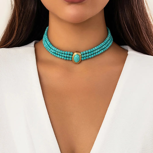 Collier multicouches avec pierres naturelles turquoises