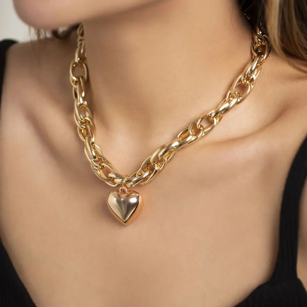 Collier gros maillons et pendentif coeur, bijou en plaqué or