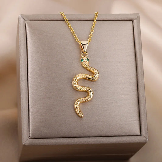 Collier Serpent avec zircons verts, bijou en acier inoxydable doré