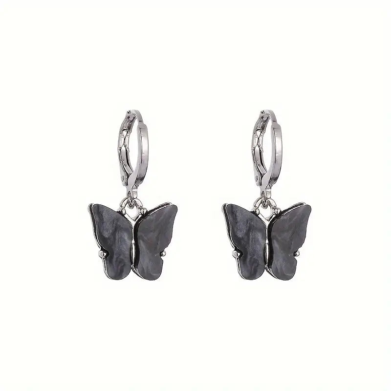 Boucles d'oreilles Papillons noirs, bijou en acier inoxydable et en acrylique