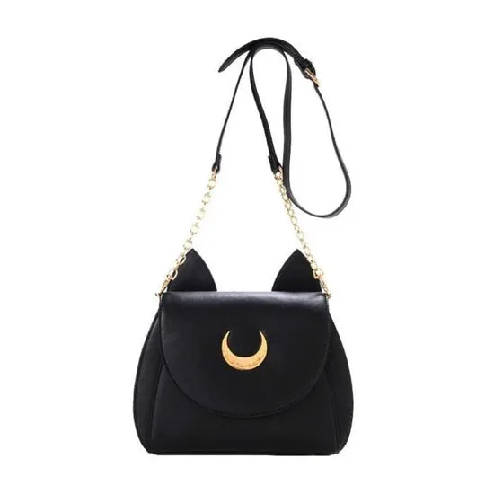 Sac à bandoulière design tête de chat avec croissant de lune, en simili-cuir noir