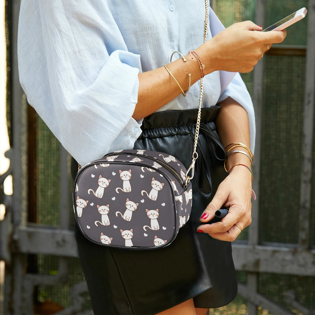 Sac à bandoulière à motif de chats, gris et blanc, en simili-cuir