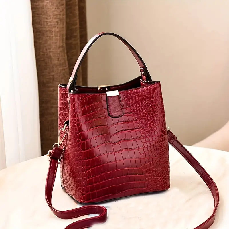 Sac seau à motif crocodile, en simili-cuir rouge