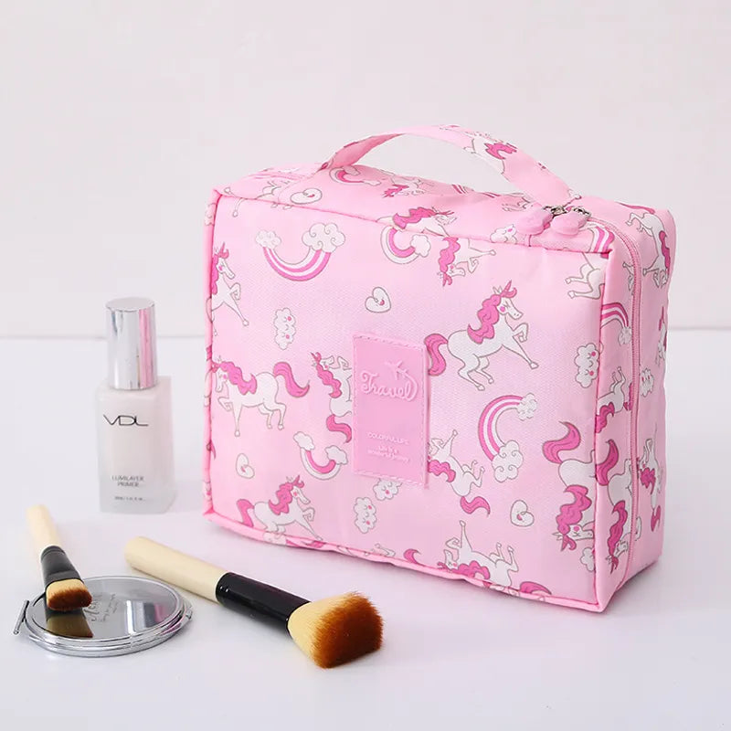 Trousse de maquillage de voyage, rose, à motif animalier de licornes