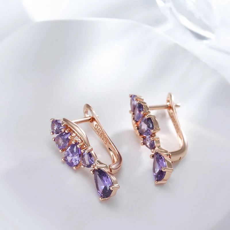 Boucles d'oreilles Zircons mauves design goutte, bijou en plaqué or rose