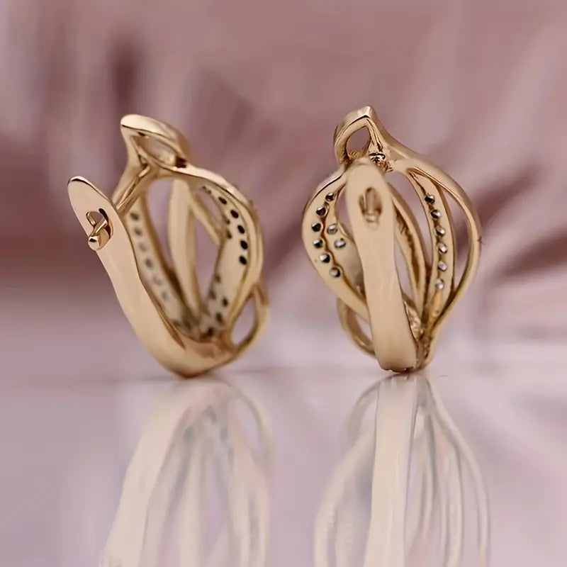 Boucles d'oreilles en forme de feuille, zircons blancs, bijou plaqué or rose