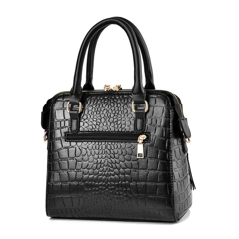 Sac à main à poignée Boston et à bandoulière, à motif crocodile, en simili-cuir noir