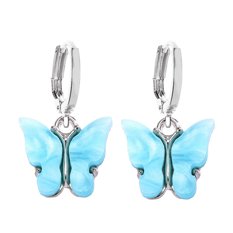 Boucles d'oreilles Papillons bleu clair, bijou en acier inoxydable et en acrylique