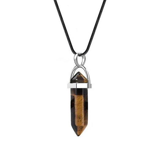 Collier pendentif en pierre naturelle Oeil de Tigre, chaîne cuir tressé