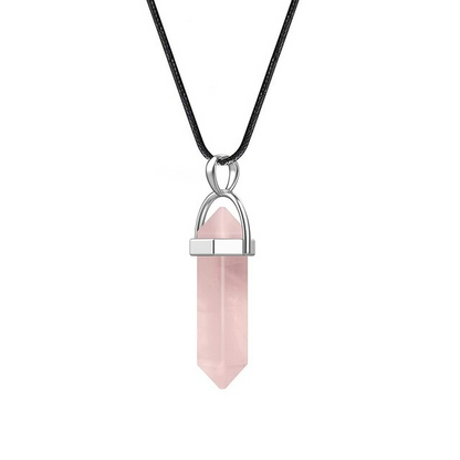 Collier pendentif en pierre naturelle Quartz rose, chaîne cuir tressé