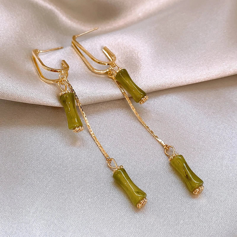 Boucles d'oreilles à pampilles en bambou vert, bijou en plaqué or