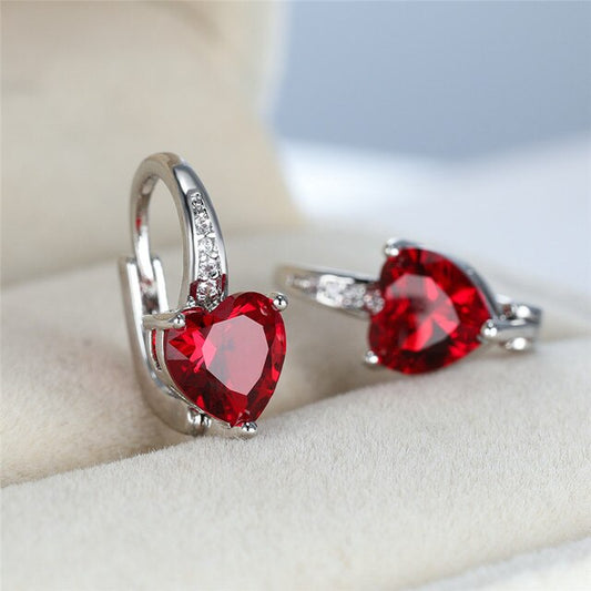 Boucles d'oreilles Zircons en forme de coeur, rouges, bijou en plaqué argent