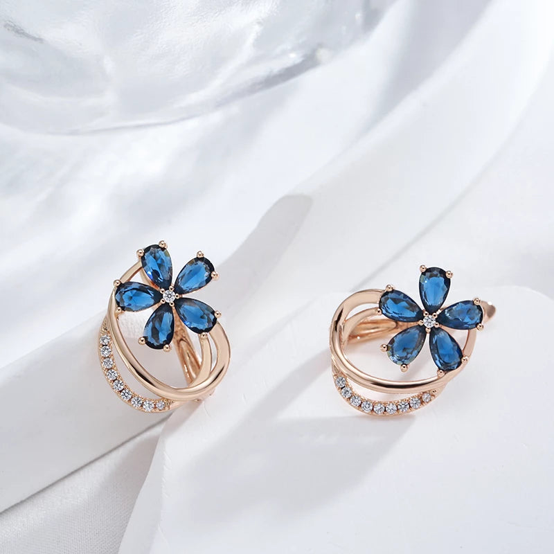 Boucles d'oreilles Fleur Zircons bleus, bijou en plaqué or rose