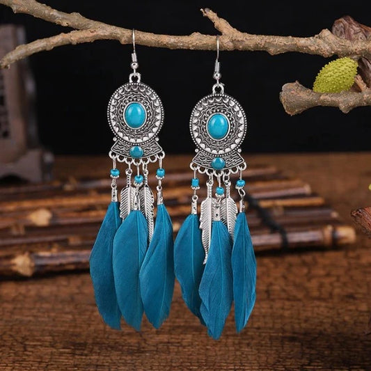 boucles d'oreilles à plumes bleu turquoise