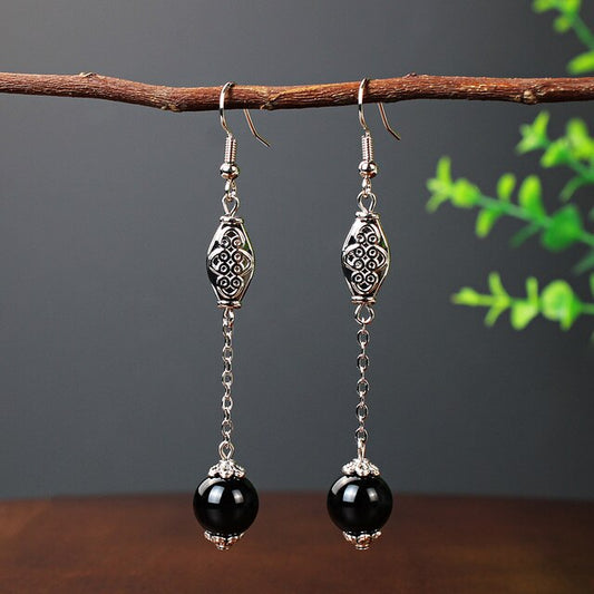 Boucles d'oreilles pendantes Perles "oeil de chat" noires, bijou en acier inoxydable