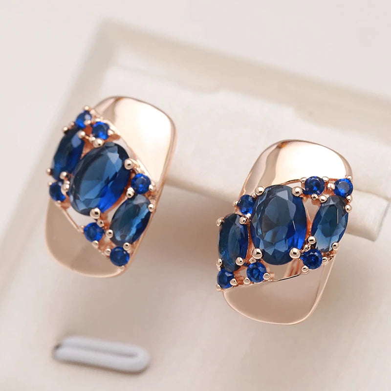 Boucles d'oreilles avec zircons bleu saphir, bijou en plaqué or rose