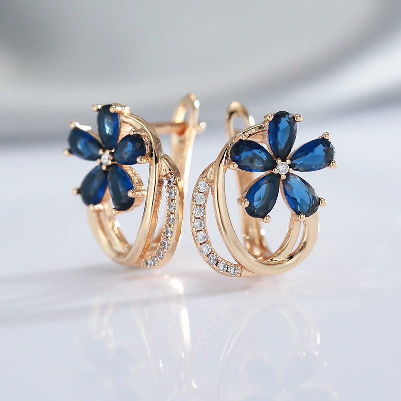 Boucles d'oreilles Fleur Zircons bleus, bijou en plaqué or rose