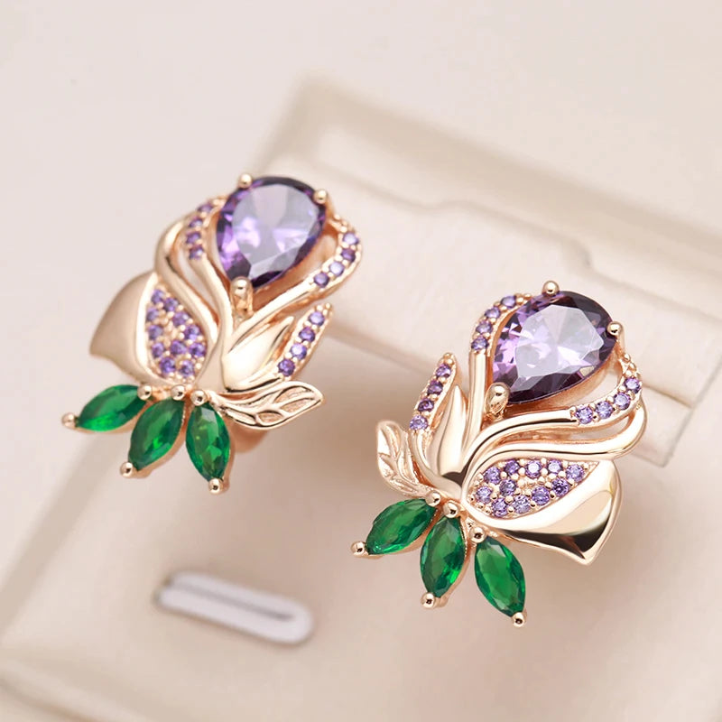 boucles d'oreilles avec zircons mauves et verts