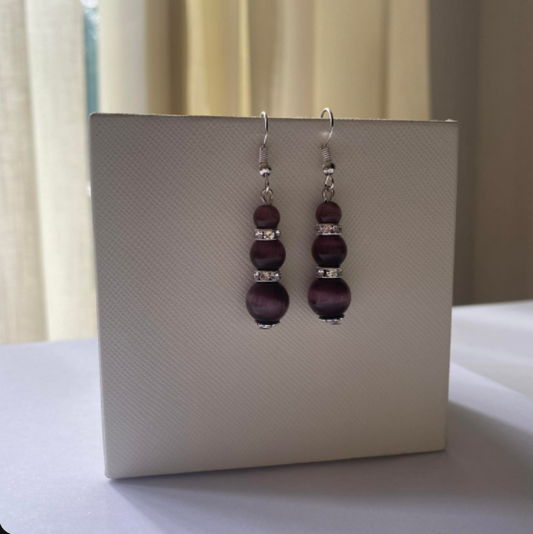 Boucles d'oreilles Perles Oeil de Chat mauves & strass blancs