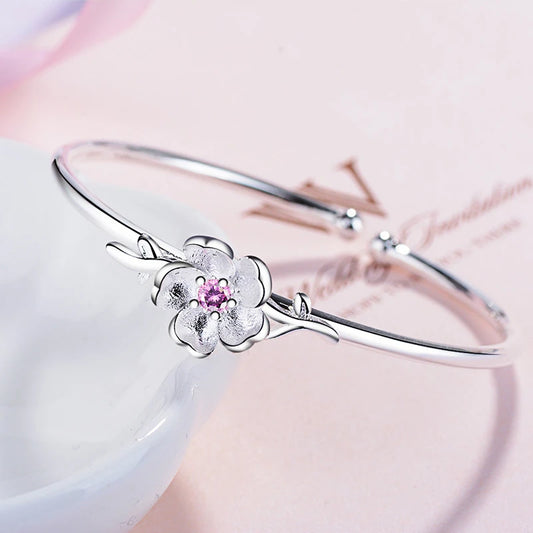 Bracelet jonc Fleur de sakura, bijou en plaqué argent