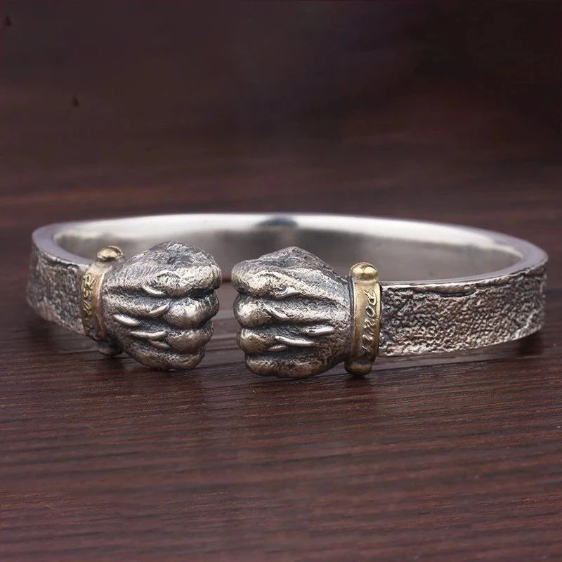 Bracelet Poings, bijou punk pour hommes, en plaqué or et argent