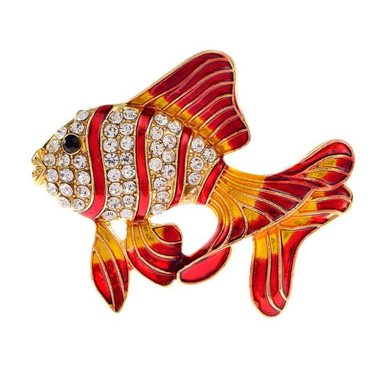 Broche Poisson rouge, bijou en émail avec zircons